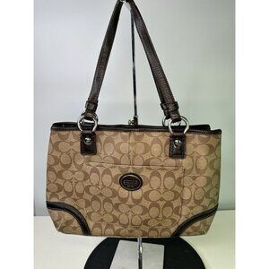 Coach Brown Peyton Signature Logo Heritage Handbag Leather Tote EUC